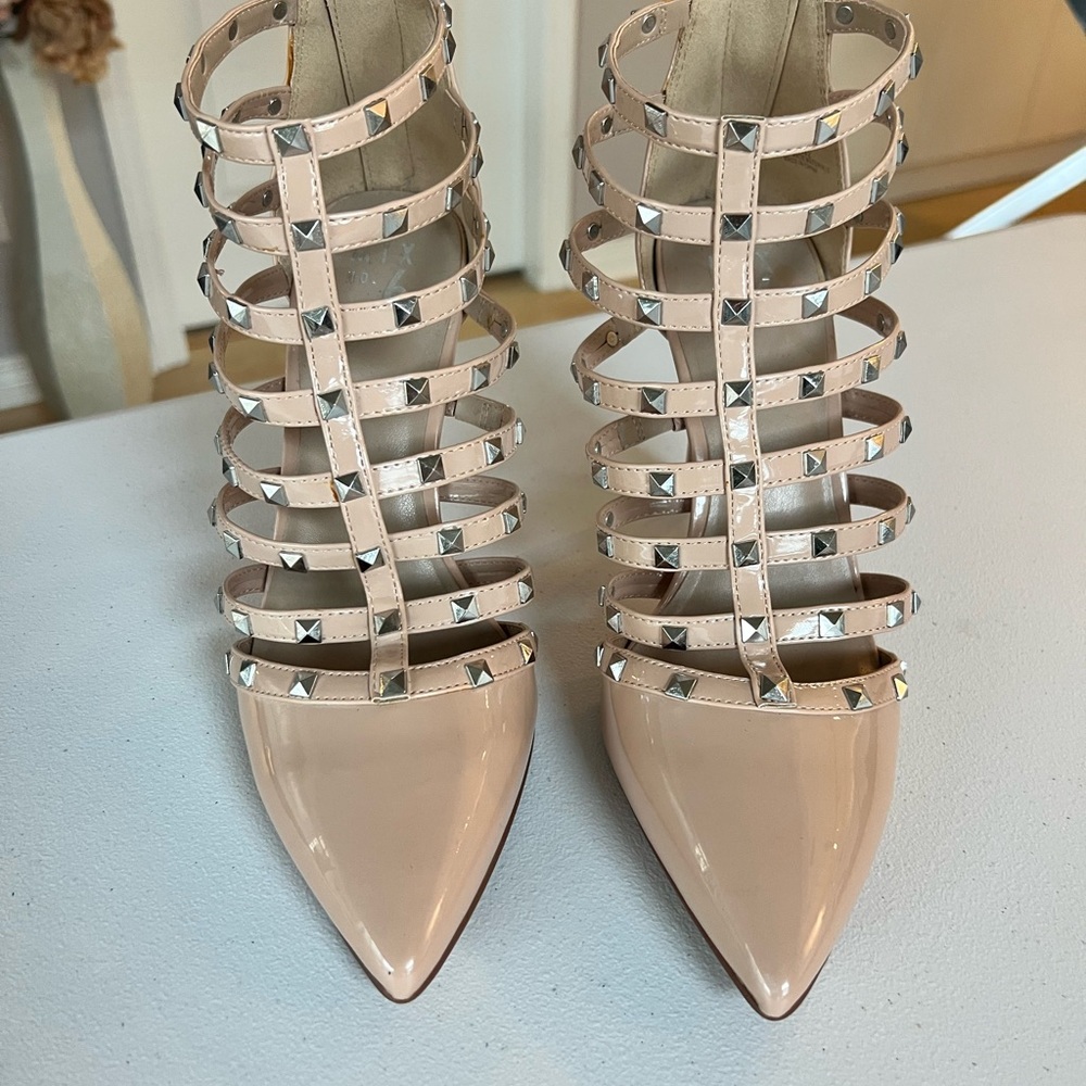 Studded Strappy Pointed-Toe Heels in Nude